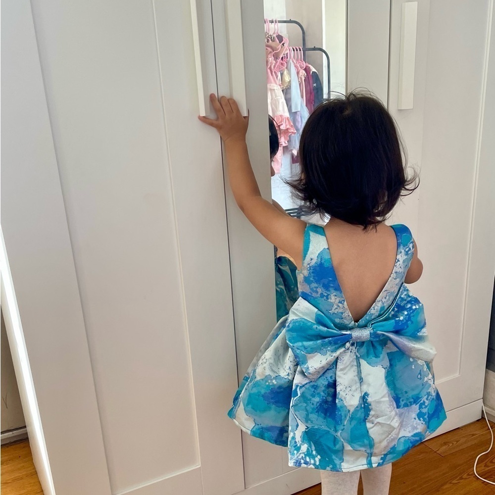 Halabaloo blue watercolor print dress back bow